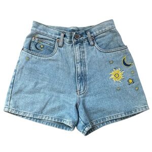 VNTG 90s High Waisted Celestial Embroidered Denim Shorts Made in Hong Kong 0089
